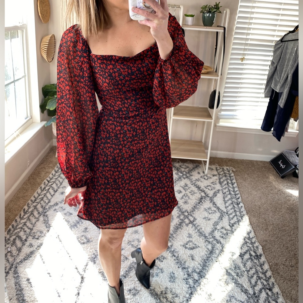 BRAND NEW! Valentine’s Dress, Black W/Red Floral Print, Off Or On Shoulder Rouch